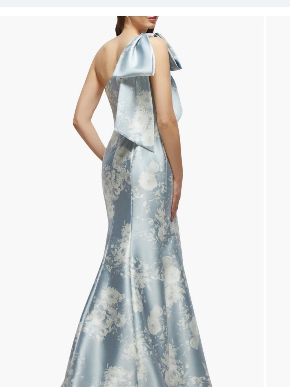 ALFRED SUNG One-Shoulder Pale Blue and Ivory Floral Jacquard Gown - Picture 5 of 7